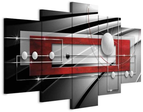 B&D XXL HandArt Bilder auf Leinwand Abstrakt 5 tlg Leinwandbild Wandbilder Wohnzimmer Wanddekoration Moderne Kunst - geometrische Formen Kugel grau schwarz rot Silber a-A-0209-b-n