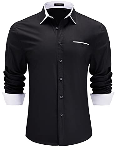 HISDERN Herrskjortor långärmad formella skjortor för män button-down-skjorta affärer vardaglig normal passform skjorta bröllopsfest arbete skjortor, Z1 – svart, S