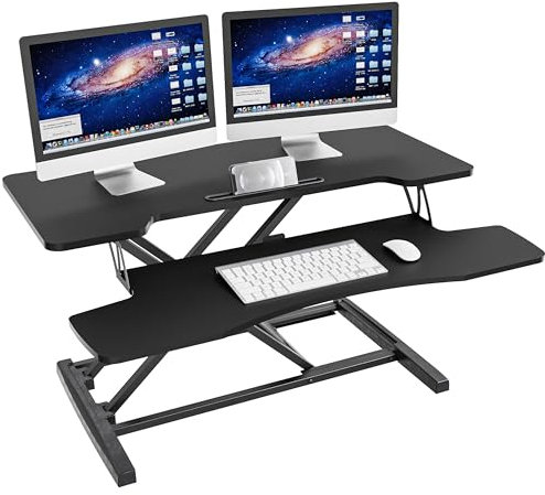 IMtKotW Sitz Steh Schreibtisch, 36 Zoll Höhenverstellbarer Schreibtischaufsatz mit abnehmbarer Tastaturablage, 92X 40cm Sitz Steh Computertisch, 15 kg Tragkraft（schwarz）.