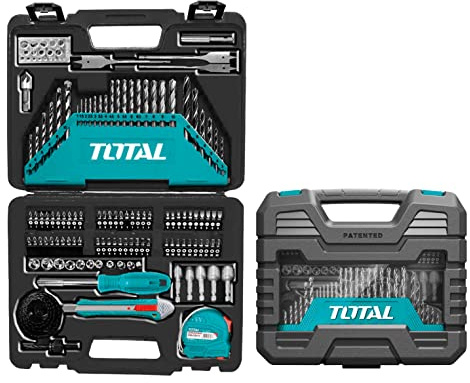 TOTAL - Maletín 118 Brocas - Pared, Metal y Madera - Puntas, Brocas de Pala, Casquillo y Portapuntas Magnético - Avellanador, Cúter, Medidor de Diámetro y Flexómetro