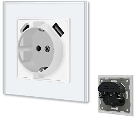 BSEED Schuko Steckdose mit USB/Typ C 16Amp Steckklemmen Unterbau 3.1A Dual USB/Typ C 86mm Wand Unterputz Steckdose Weiß