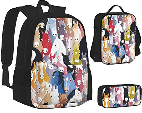 OGNOT Fahrrad Fahrrad Radfahren Druck Schulrucksack Teens Mädchen Jungen Schultaschen Büchertasche mit Lunchtasche Federtasche Reise Tagesrucksack Sets, Bunte Cartoon-Pferde, Einheitsgröße