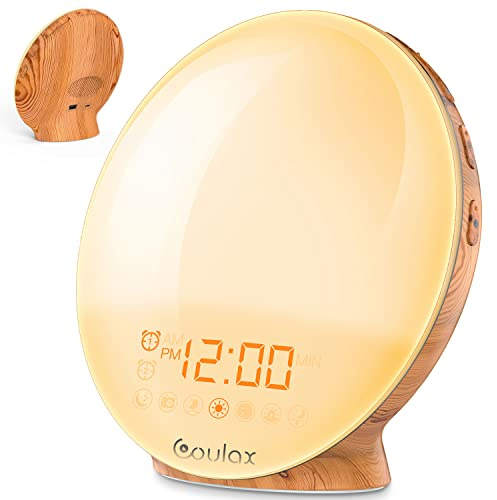 COULAX Réveil Lumineux Aspect Bois lumière du Jour avec 2 Heures de réveil, 7 Sons de la Nature et Radio FM Snooze Wake Up Light Alarm Clock pour Adultes et Enfants