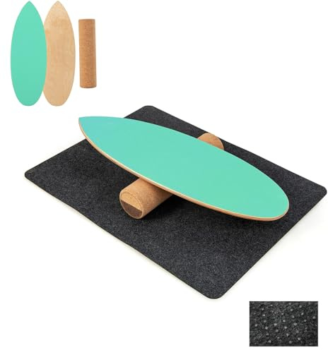 GYMAX Balance Board aus Holz, 15 mm BalanceBoard mit 10mm Korkrolle & rutschfeste Matte aus Filz, Indoor Surfboard, Wackelbrett, Gleichgewichtsboard für Kinder & Erwachsene