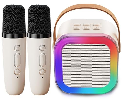 Genround Máquina de karaoke con 2 micrófonos, altavoz Bluetooth con removedor de canto, 3 modos de luz LED, cambio de voz, micrófono Bluetooth para niños y adultos, regalos para niños y niñas (beige)