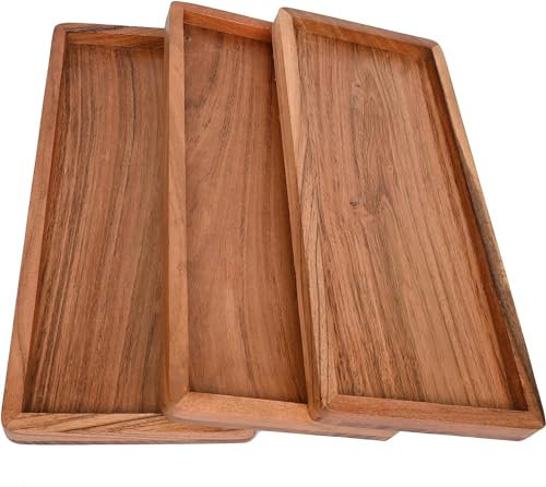 Indus Lifespace Acacia Wood Rectangular Wooden Platters for Home Decor, Food, Vegetables, Fruit, Charcuterie, Appetizer Serving Tray (33.02cm x 13.97cmx 1.90cm) (Set of 3)