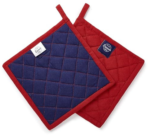 Encasa XO Presine in cotone resistente al calore con anello per appenderle - Set di 2 -Rosso - Presina da cucina, barbecue e microonde - 21 cm