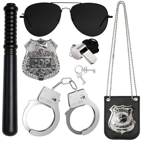 SHOWHEEL 6 Pezzi Polizia Costume Accessori Set, Polizia Accessori Kit di Giochi di Ruolo, Manette Giocattolo,Occhiali da Sole,Distintivo per Bambini Halloween Carnevale Festa Costume Giochi di Ruolo