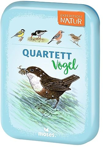 moses 9863 Expedition Natur Quartetto Uccelli Gioco di Carte per Bambini Gioco da Viaggio in Scatola di Latta Compatta da Viaggio, Gioco Bambini A Partire dagli 8 Anni in su, Bianco