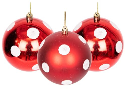 SHATCHI 10 cm/6 Stück Weihnachtskugeln, bruchsicher, rot-weiße Punkte, Weihnachtsbaumschmuck, Kugel, Ornamente, Bälle, Weihnachtsdekoration, Weihnachtsdekoration, glänzend, matt, Glitzer