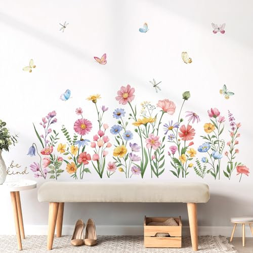 wondever Wandtattoo Garten Blumen Rosa Wandaufkleber Wildblumen Bunt Blume Schmetterling Wandsticker Wanddeko für Mädchenzimmer Schlafzimmer Frühling Sommer Wanddeko