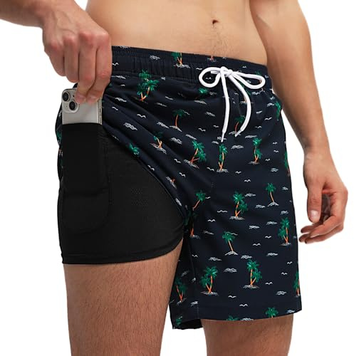 Badshorts för män snabbtorkande baddräkt, elastiskt nätfoder med fickor fritid korta byxor, justerbar dragsko boxershorts, sommar, surfing, sport, simning, Marinblå kokosnötsträd, XL