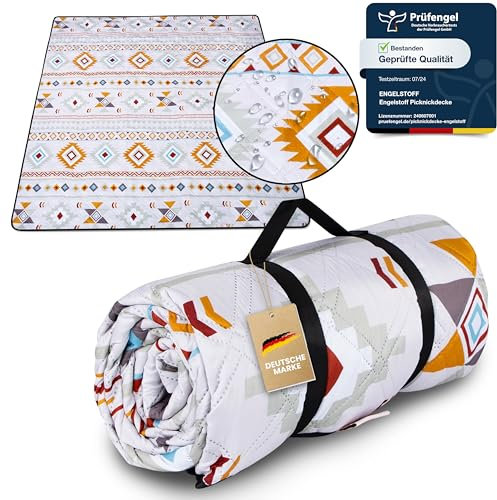 Engelstoff®️ Picknickdecke wasserdicht - Boho Decke 200x200 cm - Stranddecke XXL - wasserdichte Decke für Outdoor isoliert, Freibad, Strand, Park, Reisen, Wandern, Spielplatz, Camping inkl. e-Book