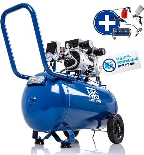 NTG Silent kompressor 9 bar | 50 l tank | 1 470 W stark effekt | oljefri | särskilt tyst och flexibel användning med manometer och tryckregulator 50 L tank (kompressor med startset, 50 liter tank)