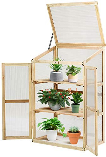 GOPLUS Frühbeet, Frühbeetkasten mit Abdeckung, Gewächshaus aus Tannenholz & Polycarbonat, Hochbeet Treibhaus für Garten & Balkon, 60 x 45 x 100 cm