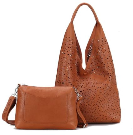 ITALYSHOP24 DAMEN TASCHE XXL SET 2in1 Shopper Hobo Bag Schultertasche Cross Over Body Bag Umhängetasche Beuteltasche Handtasche Leder Optik Cognac