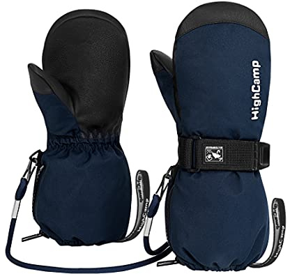 HIGHCAMP Kids Waterproof Snow Ski Gloves w/Zipper & String on Long Cuff Cold Weather Mitten for Toddler & Youth Boys Girls-Old Navy,S (4-6Y)