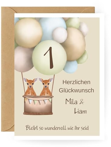 Zwillinge Geburtstagskarte personalisiert mit Namen Alter und eigenem Spruch – Reh Tiermotiv Glückwunschkarte für Kinder und Erwachsene mit Umschlag personalisierbar Geschenkidee