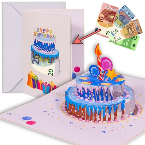 LINPOPUP® Pop-Up Karte Geburtstag Geldkarte, 3D Pop Up Karte mit Geldfach als Geldgeschenk, Geldgeschenke - Verpackung, Geburtstagskarte mit Umschlag, Geburtstagsgeschenk, N13