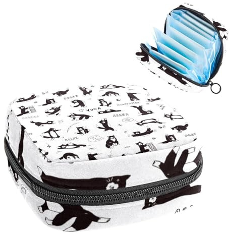 Damenbinden Aufbewahrungstasche Periode Kit Tasche für Schule Menstruationstasse Beutel Damenbinden Organizer Tasche Cartoon Katzen machen Yoga Weiß und Schwarz