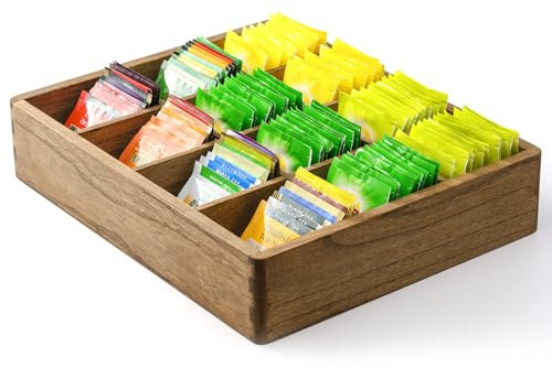 KIRIGEN Wood Tea Bag, Coffee Bag Storage Box, 12 Compartments, Rectangular, 34.4 x 28 x 7 cm, Brown(CYH12G-DBR)