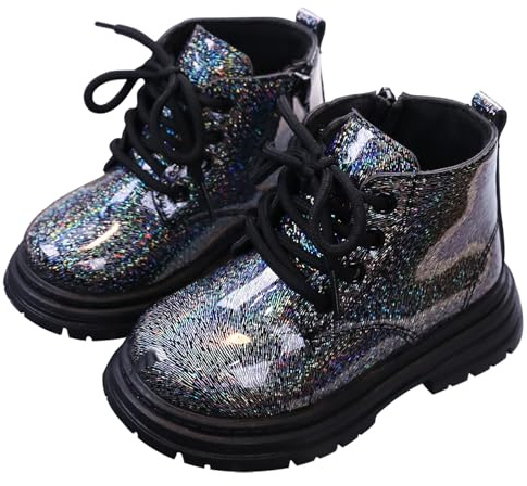 Maeau Stivali con lacci per bambini e ragazze e ragazzi Stivaletti alla caviglia lucidi con cerniera stivali classici impermeabili scarpe antiscivolo invernali autunno primavera morbide 21-30 EU