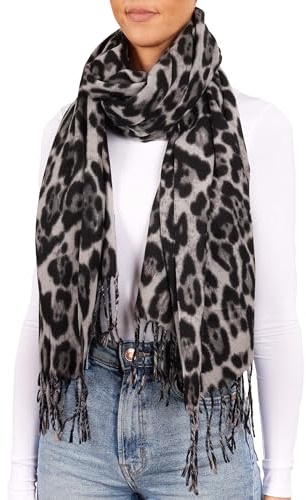 BRUBAKER Cashmirillo Damen Schal mit Leoparden Muster - 70 x 200 cm - Warm, Kuschelig und Oversized - Leo Damenschal für Herbst und Winter - Winterschal mit weichem Kaschmir-Gefühl - Grau Schwarz