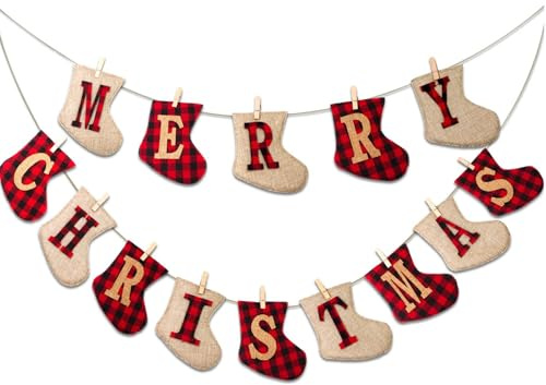 TELAIN Merry Christmas Jute Banner, Sockenförmige Weihnachtsdekoration zum Aufhängen, Rustikale Weihnachtsdeko für Innen und Außen, Kamin Dekoration, Weihnachtsfeier Partybedarf