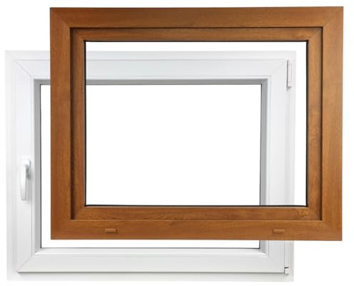 ALUCON Kellerfenster 800x500 mm – Fenster 80x50 cm – Kunststofffenster Innen Weiß/Außen Goldene Eiche – Flügelfenster DIN Rechts