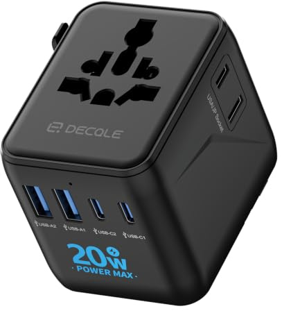 decqle “Pro” Universell Reseadapter med 2 USB-C ＆ 2 USB-A | Internationell Reseadapter, INGEN Spänningsomvandlare, för Tyskland, USA, England, Australien ＆ 200+ Länder (Svart)