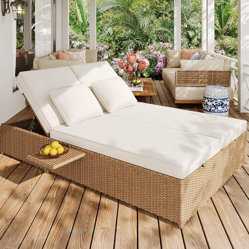 DRIXNO Outdoor Gartenliege Doppelbett, Rattan Outdoor Liege, Rattansofa, Das als Gartenmöbel im Freien Verwendet Werden Kann, Geeignet für Lounges, Balkone, Wetterfest, Klappbar, mit Kissen, Weiß