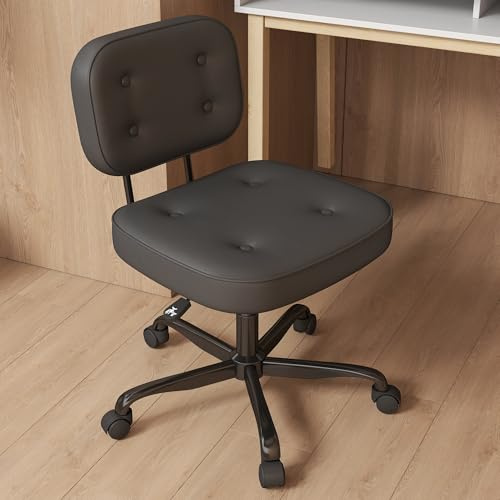 AnyGod Armless Desk Chair for Home Office, Compact Swivel Task Seat with Adjustable Height & Wheels, Ergonomic Low Back Computer Chair for Small Spaces, Study & Dressing Tables, Black PU Leather