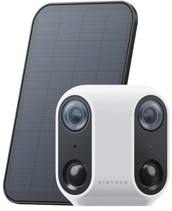virtavo XM1, Security Camera Outdoor Wireless, Dual-Lens Ultra-Wide 160° Panoramic View, Solar Powered, Starlight Colour Night Vision, PIR Motion Sensor, Two-Way Audio, SD/Cloud Storage