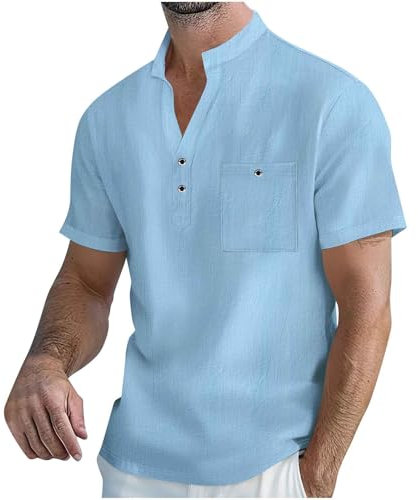 Cotton Linen Henley T Shirt Mens Clothes Sale Clearance Short Sleeve Tshirts Plain Grandad Collar Shirts Stylish 3 Buttons Muscle T-Shirts Casual Summer Beach Holiday Shirt Top with Pocket Light Blue