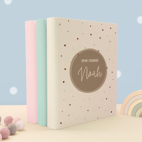 Zeugnismappe A4 personalisiert, Ringordner mit Namen, Leinen-Ordner für Schulzeugnisse, Geschenk Einschulung Mädchen & Jungen, Schulordner (Kreis Beige, Creme, Standard)