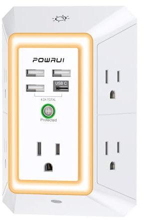 3-Sided Outlet Extender with Night Light - POWRUI Multi Plug Outlet with 5 Outlets and 4 USB Ports(1 USB-C), USB Wall Charger for Home, Office, Travel, ETL Listed, White