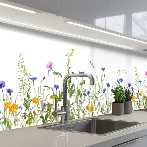 KitchenYeah© Spritzschutz Küchenrückwand Küche Abwaschbar Selbstklebend | 60x250 cm - Küchenwand Küchenfront Küchen Rückenwand Wandschutz Blumen - Feldblumen - Frühling