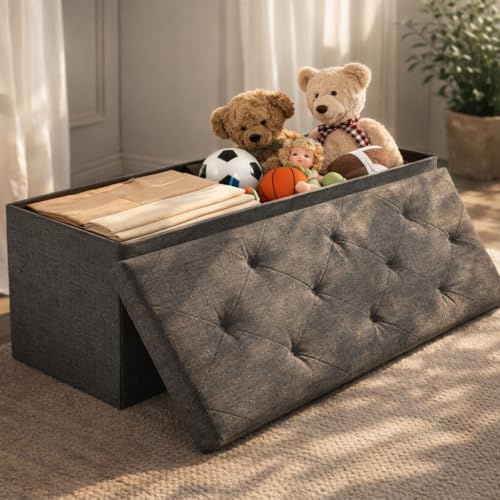 DUMOS Sitzbank mit Stauraum, Aufbewahrungsbox mit Deckel, 110 x 38 cm Truhenbank mit Stauraum, Sitzhocker mit Stauraum, bis 150 kg Belastbar, Fusshocker für Wohnzimmer Schlafzimmer Schlafsaal, Grau