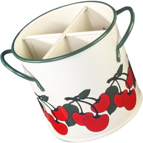 Genérico Porta Cubiertos de Hierro 4 Compartimentos y Asas, Cesta Organizadora de Cocina Retro Diseño Vintage y Estampado de Cerezas, Soporte Decorativo para Utensilios y Cubiertos de Mesa