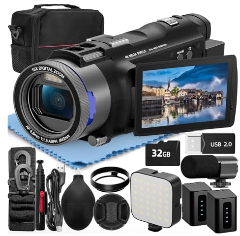 gdsDEs Videocamera HD 4K e 48 MP, videocamera for vlogging con Wi-Fi e controllo tramite app, videoregistratore con zoom 16x, schermo IPS 270°