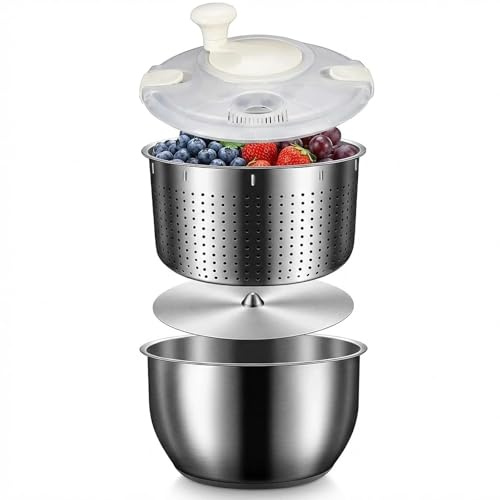 6L Large Salad Spinner with Stainless Steel Inner Basket & Bowl – Professional Lettuce Spinner for Family Meal Prep – Metal Fruit Washer & Rice Washer – Heavy-Duty 304 Steel, Dishwasher Safe