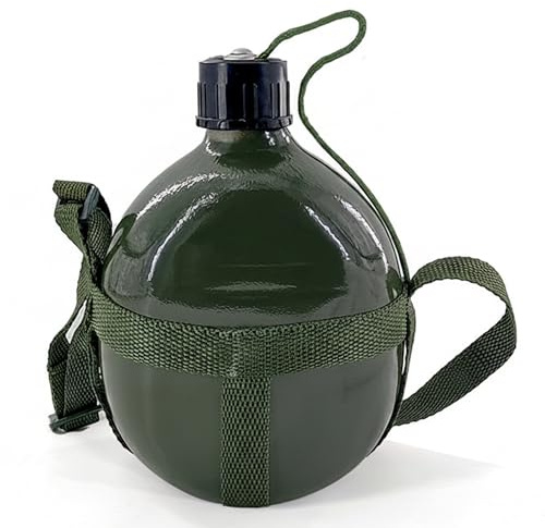 Borraccia, borraccia in alluminio, con coperchio a tenuta stagna e tracolla imbottita verde militare resistente per uso esterno.