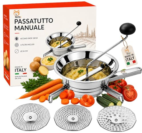 Akitaink Passatutto 24 cm in Acciaio Inox 18/10, Passaverdure Manuale con 3 Filtri Intercambiabili e Piedini Pieghevoli