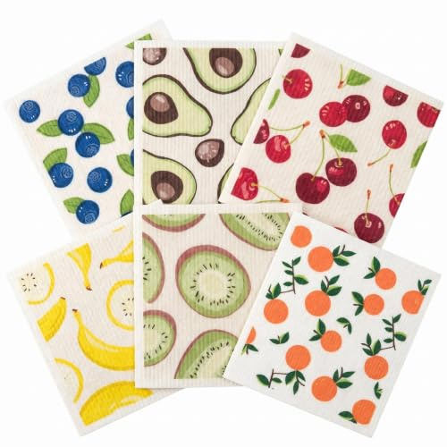 Comforso 6 Pack Super Absorbent Reusable Dish Cloths for Washing Up | Kitchen Cleaning Cloth, Sponge Clothes, Plastic-Free Dish Cloths for Kitchen Cleaning, Dishes, and Surfaces (Fruit Design)