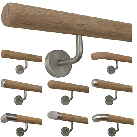 TIBU Holz Handlauf Eiche unbehandelt Geländer Wandhandlauf Treppe Wand 30-500cm mit gewinkelten Edelstahl Halter, Länge: 3500 mm mit 5 Halter - Enden:Radius gefräst