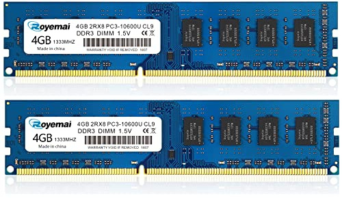 DUOMEIQI Kit de 8GB (2X4GB) DDR3 10600 1333 PC3-10600U 4GB 2Rx8 Módulo de Memoria RAM de Escritorio Dimm CL9 de 240 Pines 1.5V