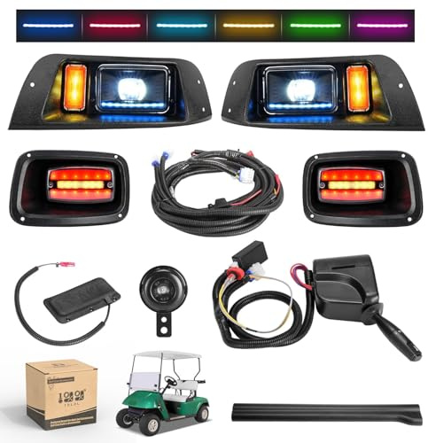 10L0L Deluxe Golf Cart Light Kit for EZGO TXT 1996-2013 12V-48V, Headlight Taillight with RGB Daytime Running Lamp Low High Beam Turn Signal Brake Pad Hazard Light