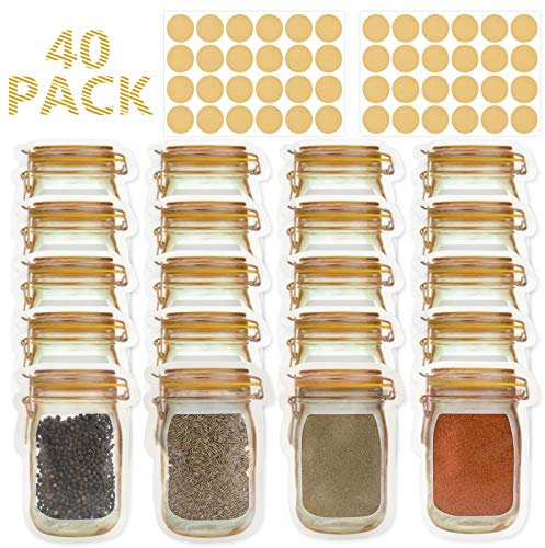 Mlife Storage Bags - 40 PCS Small Mason Jar Bags with 48 PCS Spice Labels, Leak-Proof Zip-Lock Container for Travel, Camping and Picnic