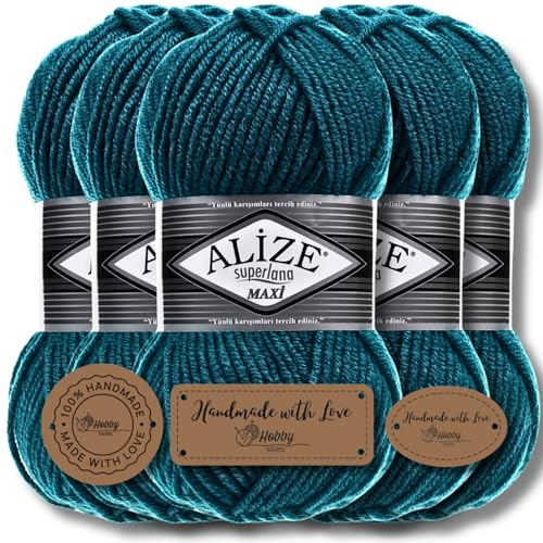 Alize 5 x 100g Superlana Maxi Türkische Premium Wolle Baumwolle und Acryl Uni Handstrickgarne, Yarn, Garn, Strickgarn, Einfarbig, Baby, zum Häkeln Stricken Kleidung Schals (Petrol - 212)