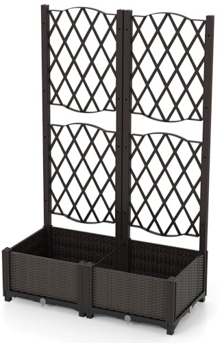 TANGZON Garden Planter Box, Outdoor Trough Planter Raised Bed with Trellis Panel, Climbing Flower Plant Pot for Patio Yard (PE, Brown, 80 x 40 x 122cm)